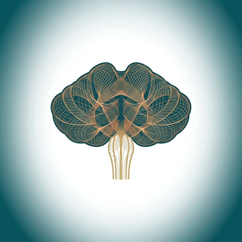 Ilustração flat design de cerebelo e medula espinal em azul-petróleo e dourado, representando a ataxia de Friedreich