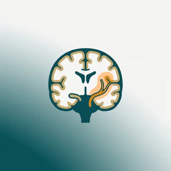Ilustração de um cérebro com vaso sanguíneo obstruído e zona de penumbra em laranja suave, estilo flat design médico