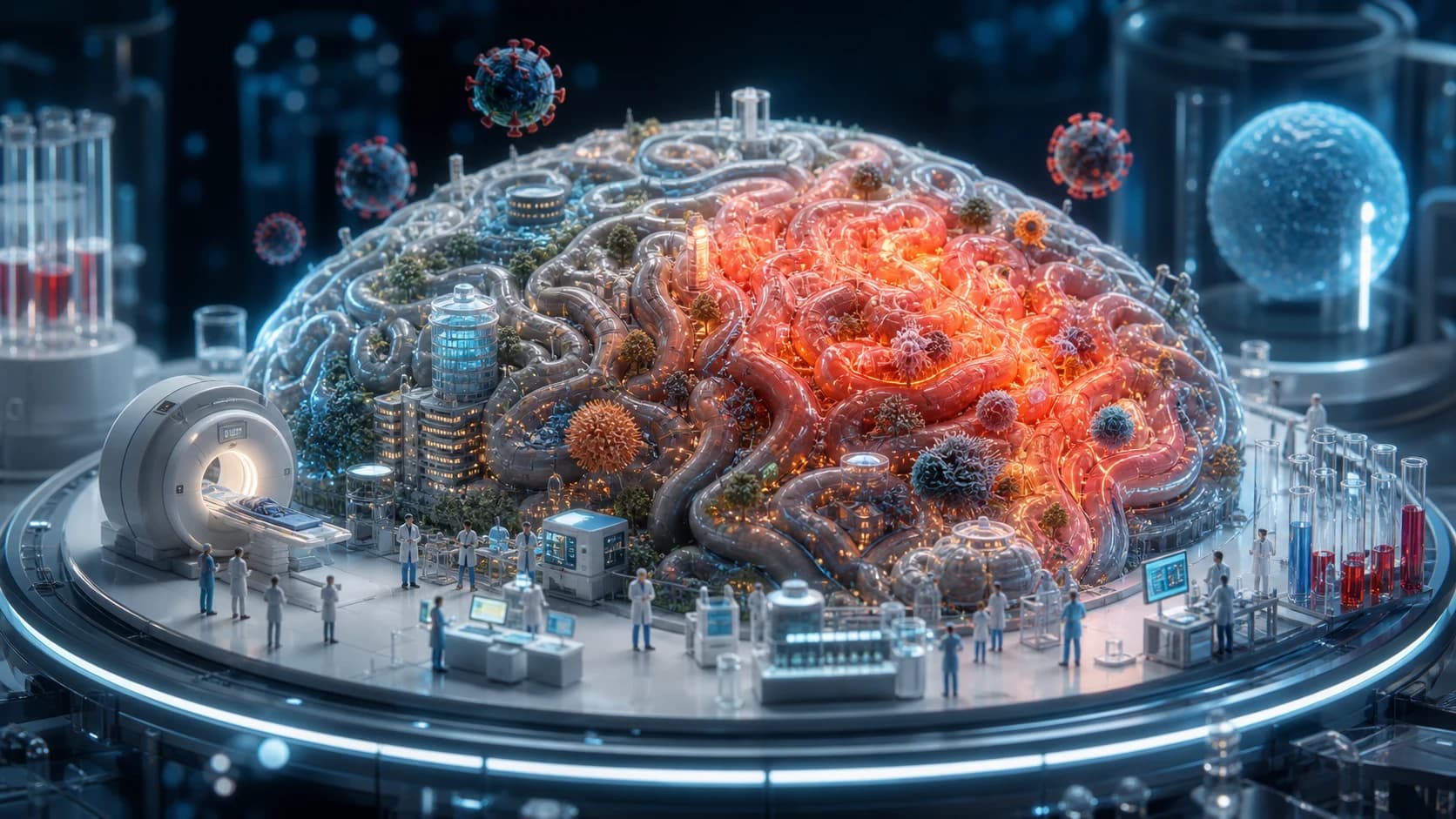 Diorama médico mostrando um cérebro como uma cidade em alerta, com áreas inflamadas, laboratório, ressonância e equipe médica