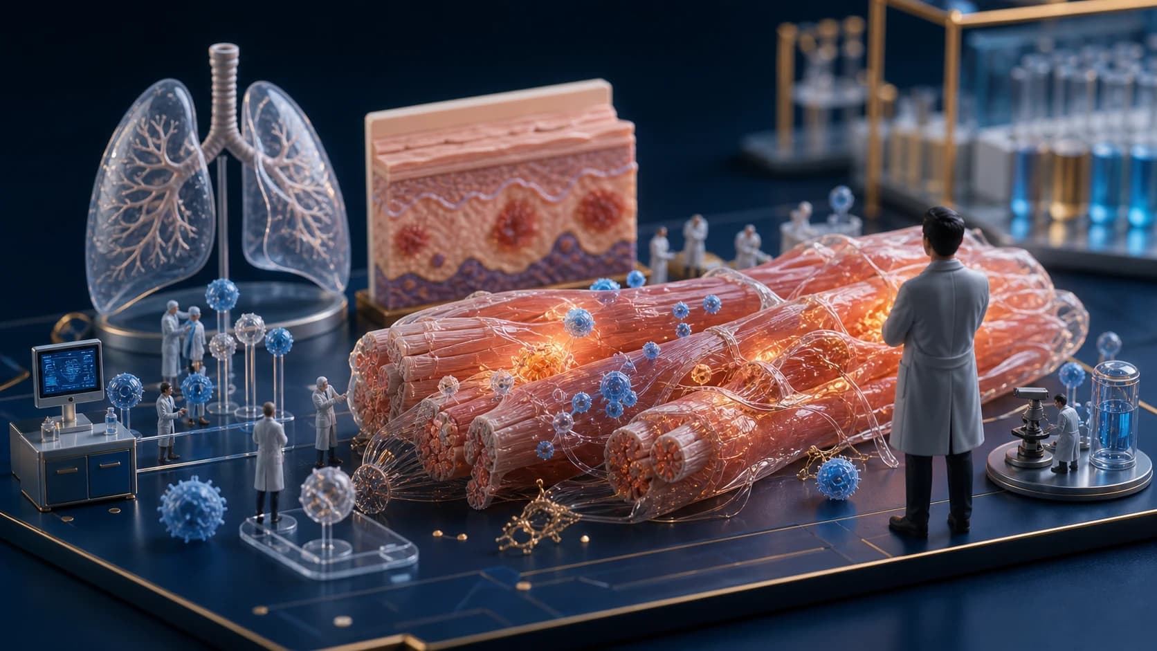 Diorama médico mostrando músculos, sistema imune, pulmões e pele em uma cena didática sobre miopatias inflamatórias