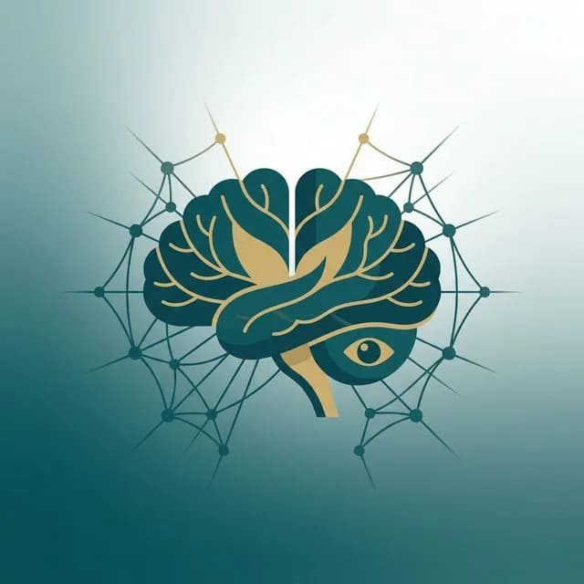 Ilustração do cerebelo com conexões neurais afetadas pela SCA7, estilo flat design médico em azul-petróleo e dourado
