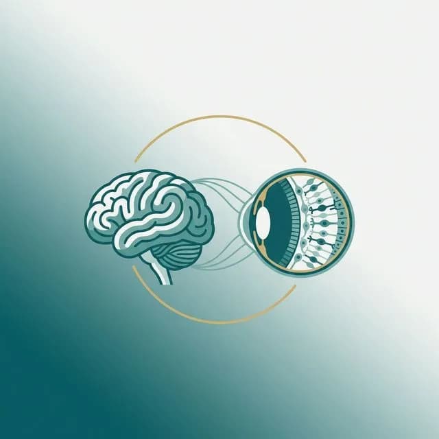 Ilustração minimalista de cerebelo e retina conectados por linhas suaves em azul-petróleo, representando a SCA7