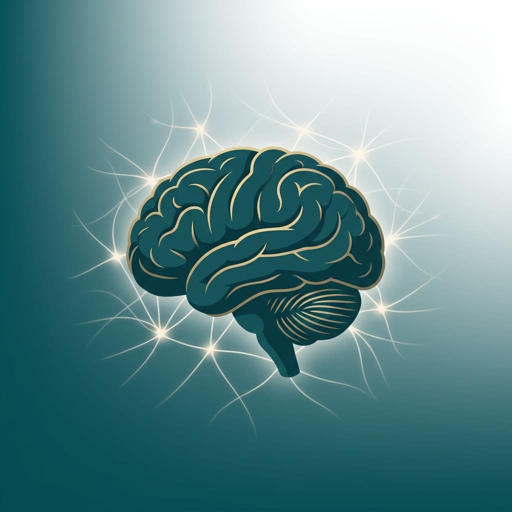 Ilustração do cerebelo humano com redes de conexões neurais em tons de azul-petróleo e dourado sobre fundo branco, representando os avanços no tratamento das ataxias cerebelares