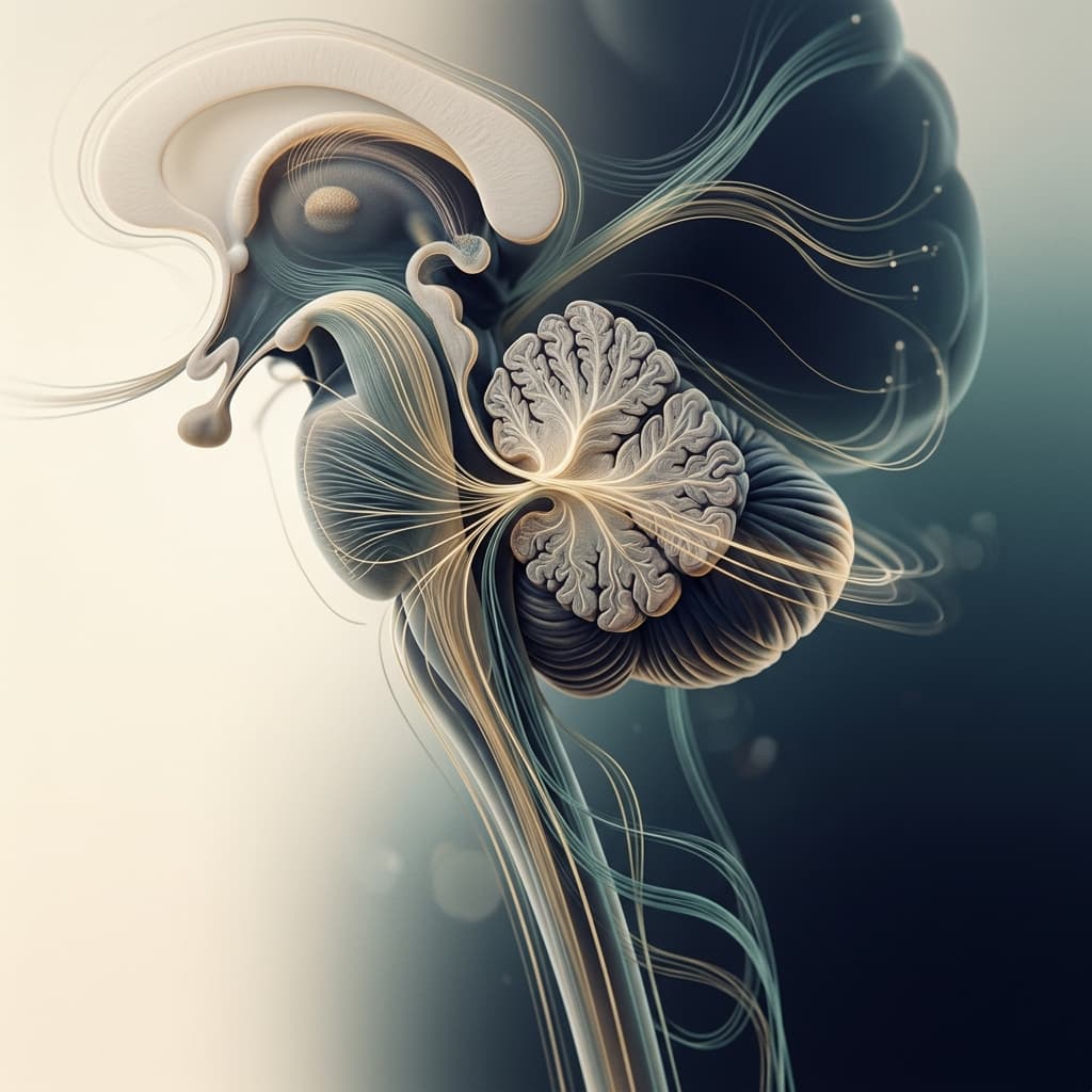 Ilustração médica elegante do cerebelo e de vias neurais representando ataxias hereditárias