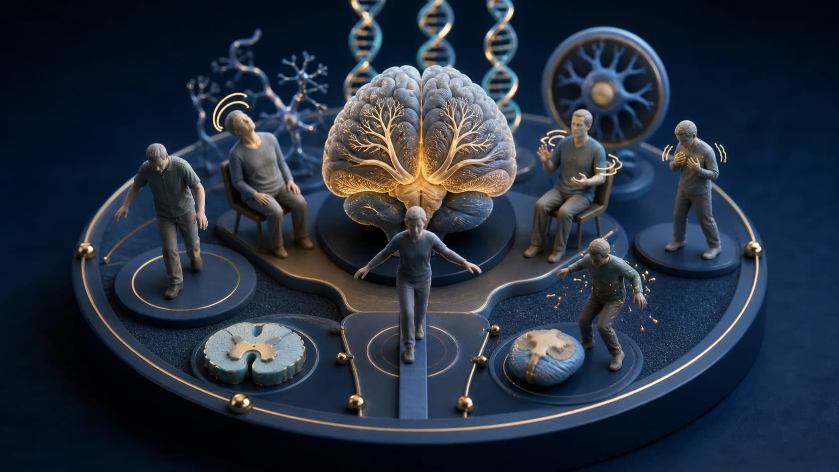 Diorama médico mostrando cerebelo, genes e movimentos involuntários em ataxias recessivas