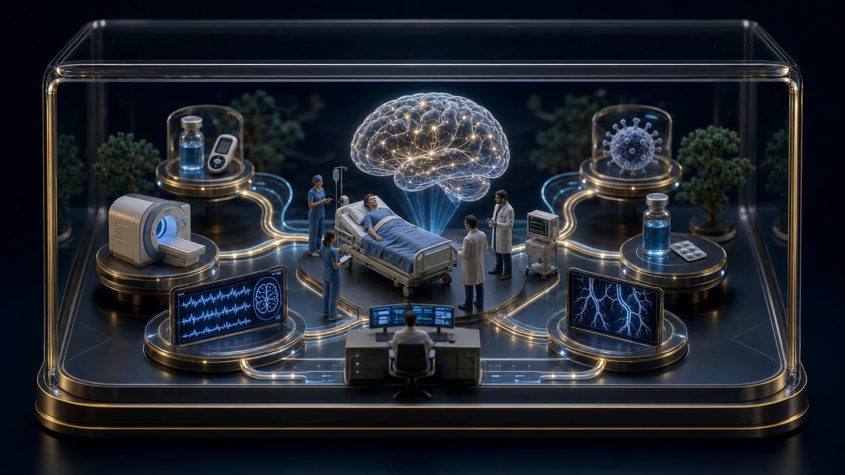 Diorama médico mostrando uma sala de emergência com cérebro translúcido e caminhos diagnósticos para causas reversíveis de coma