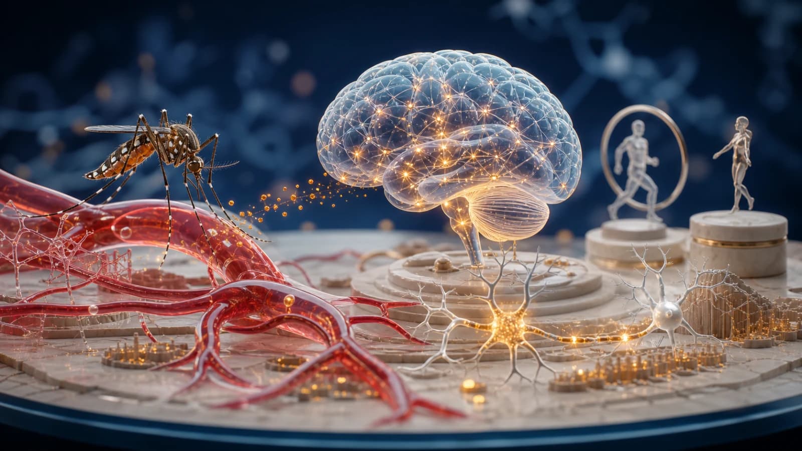 Diorama médico mostrando um mosquito da dengue, vasos sanguíneos e o cérebro representado como uma rede neural iluminada