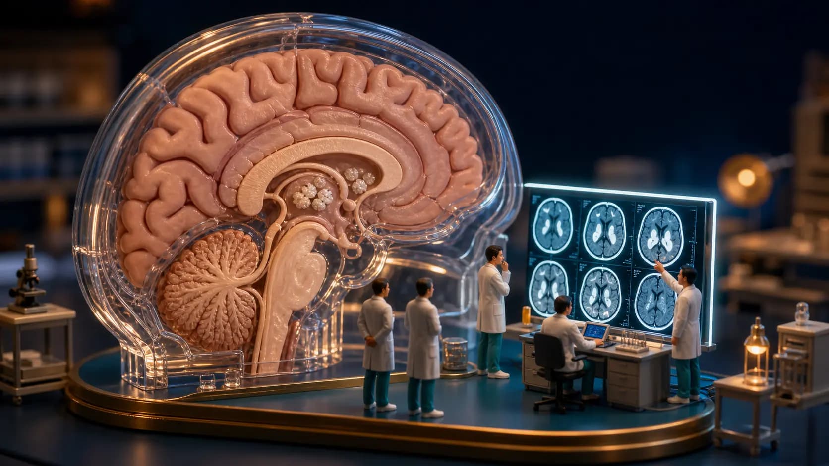 Diorama médico mostrando cérebro em corte com pontos de calcificação nos gânglios da base e equipe médica em miniatura analisando o exame