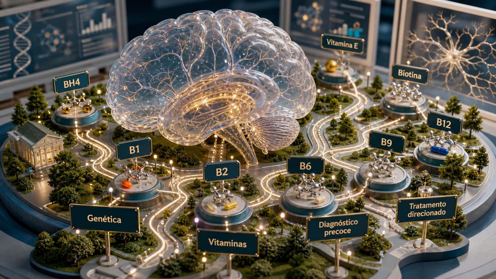 Diorama médico mostrando cérebro, vitaminas e caminhos neurológicos em doenças neurogenéticas tratáveis