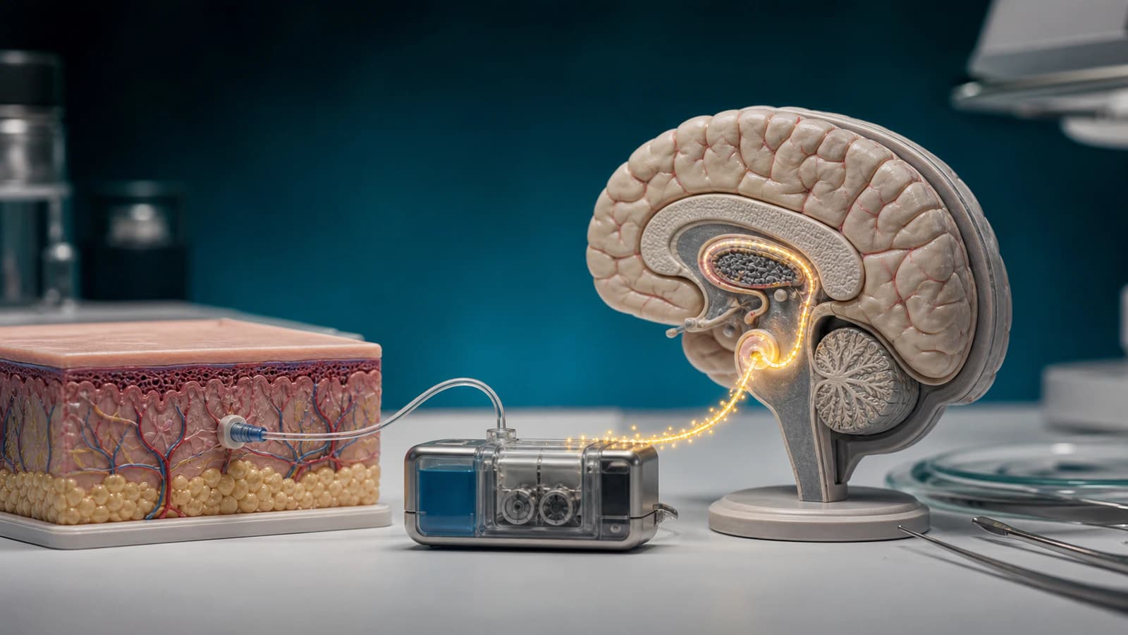 Diorama médico mostrando uma bomba portátil de infusão subcutânea conectada a uma representação estilizada do cérebro e da via dopaminérgica no Parkinson avançado.