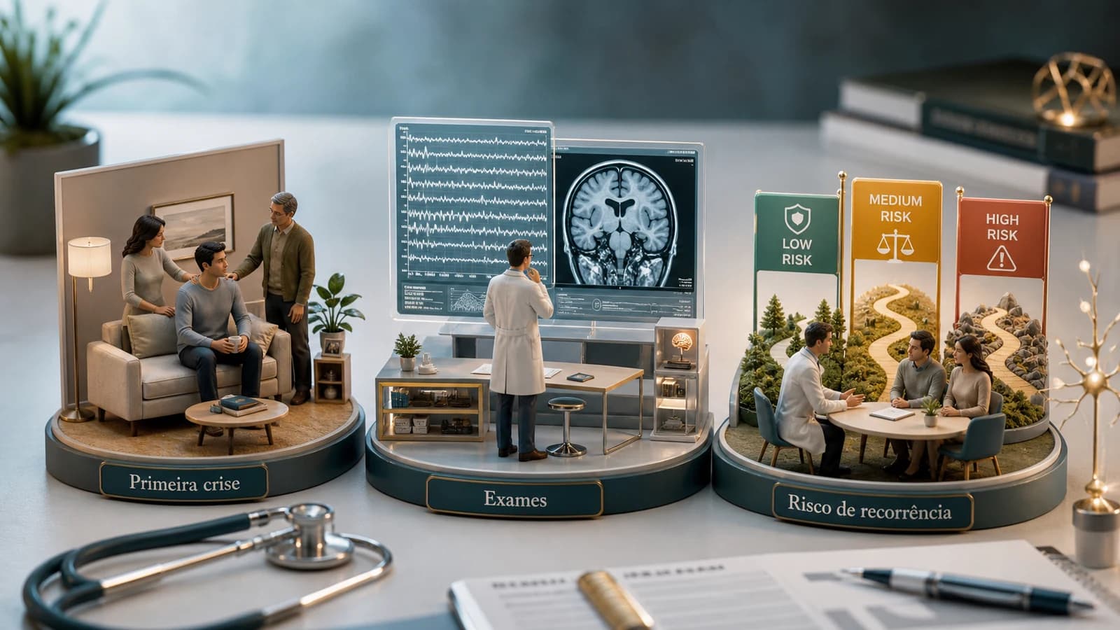 Diorama médico mostrando uma pessoa após primeira crise epiléptica, com três cenas sobre avaliação, risco de recorrência e conversa com o neurologista
