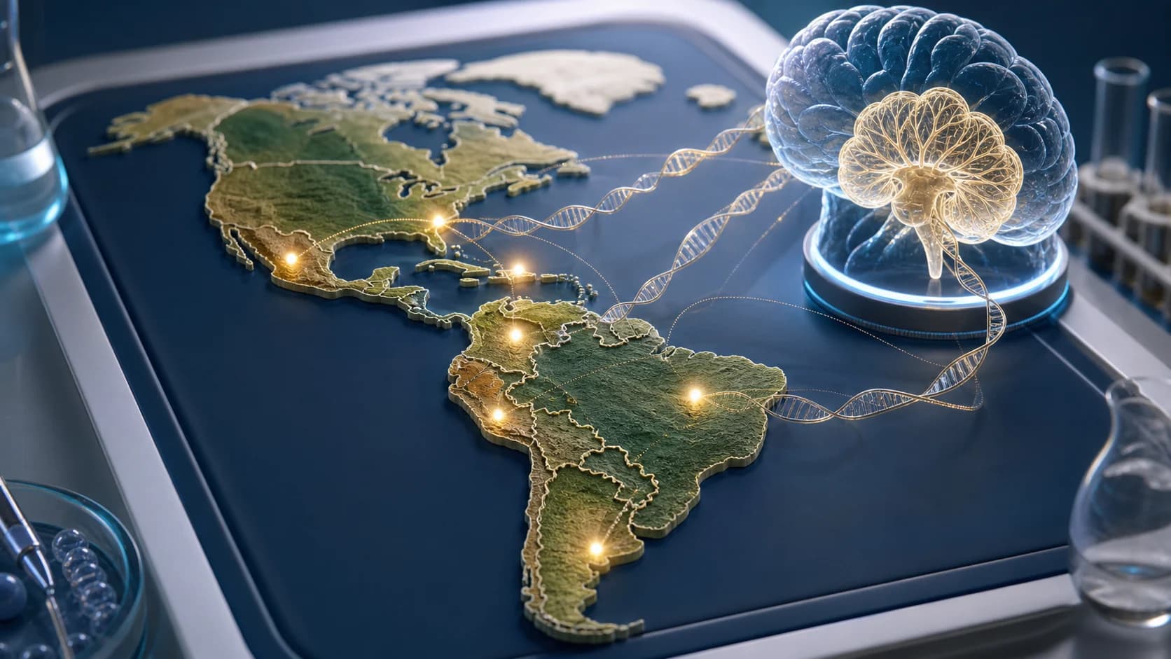 Diorama médico mostrando um mapa das Américas com cerebelos, DNA e marcadores regionais das ataxias espinocerebelares