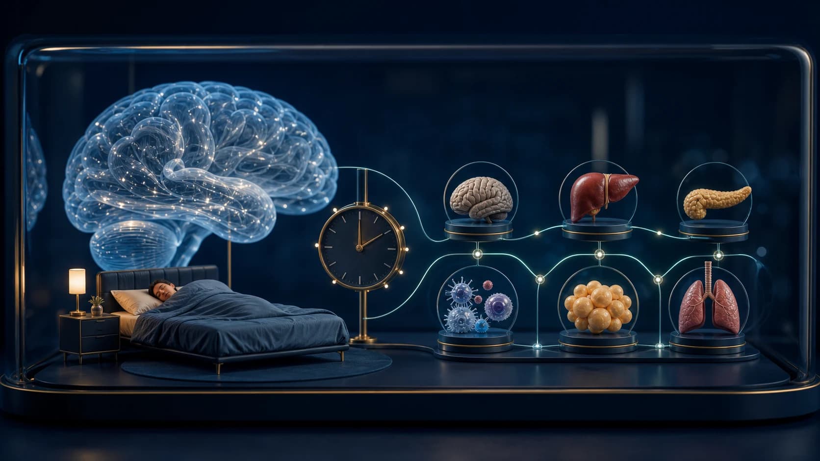 Diorama médico mostrando um cérebro e órgãos do corpo conectados a um relógio de sono