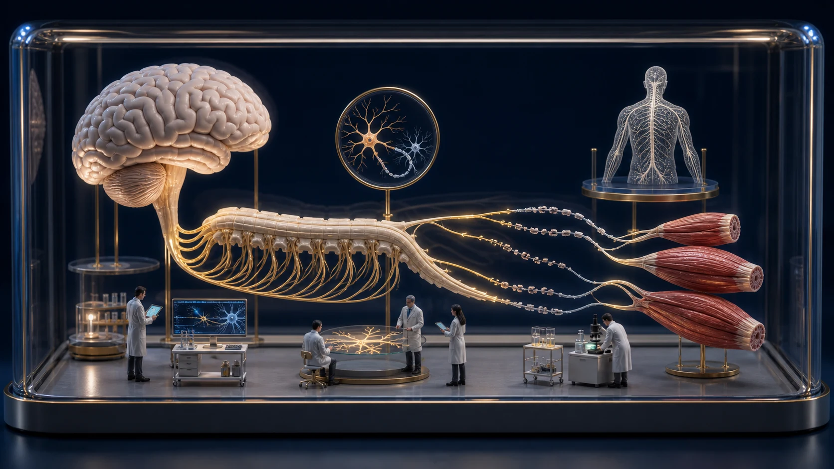 Diorama médico sobre ELA mostrando cérebro, medula, neurônios motores e músculos