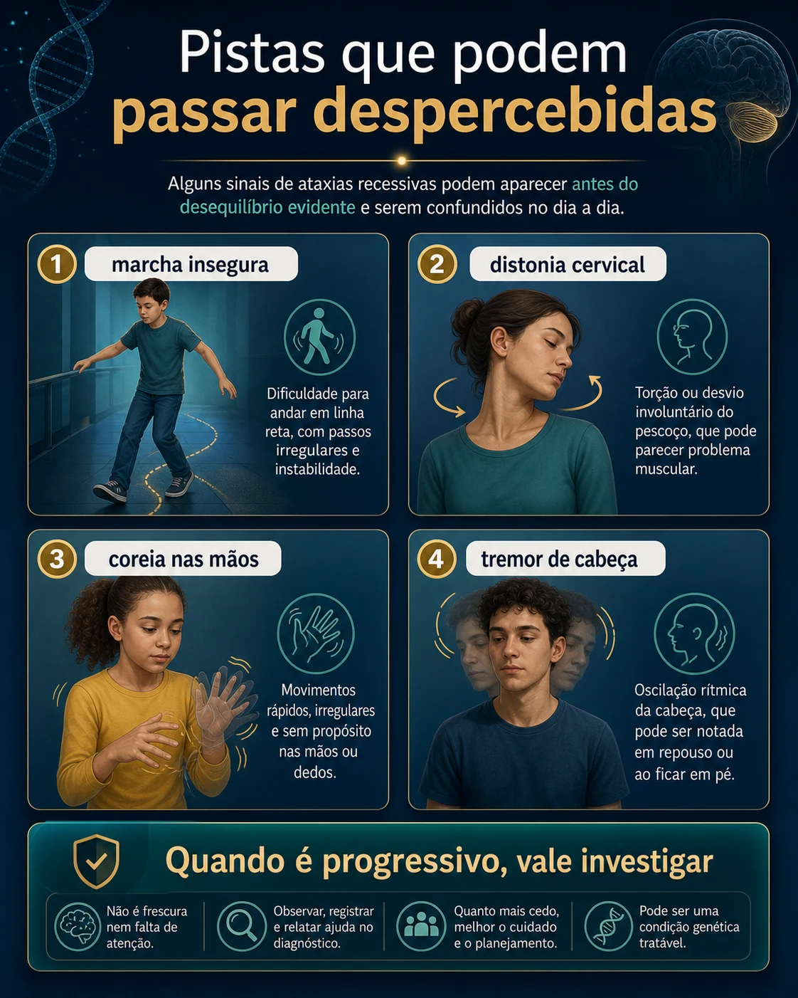 Figura didática mostrando sinais do dia a dia: pescoço em distonia, mãos com coreia, cabeça com tremor e marcha atáxica