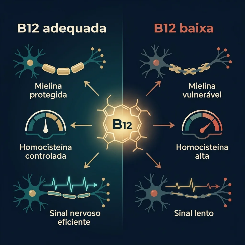 Esquema didático mostrando B12, mielina, homocisteína e nervos