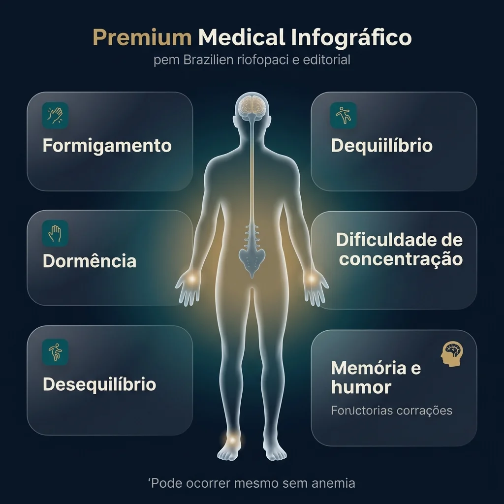Infográfico resumindo os principais sintomas neurológicos da deficiência de vitamina B12