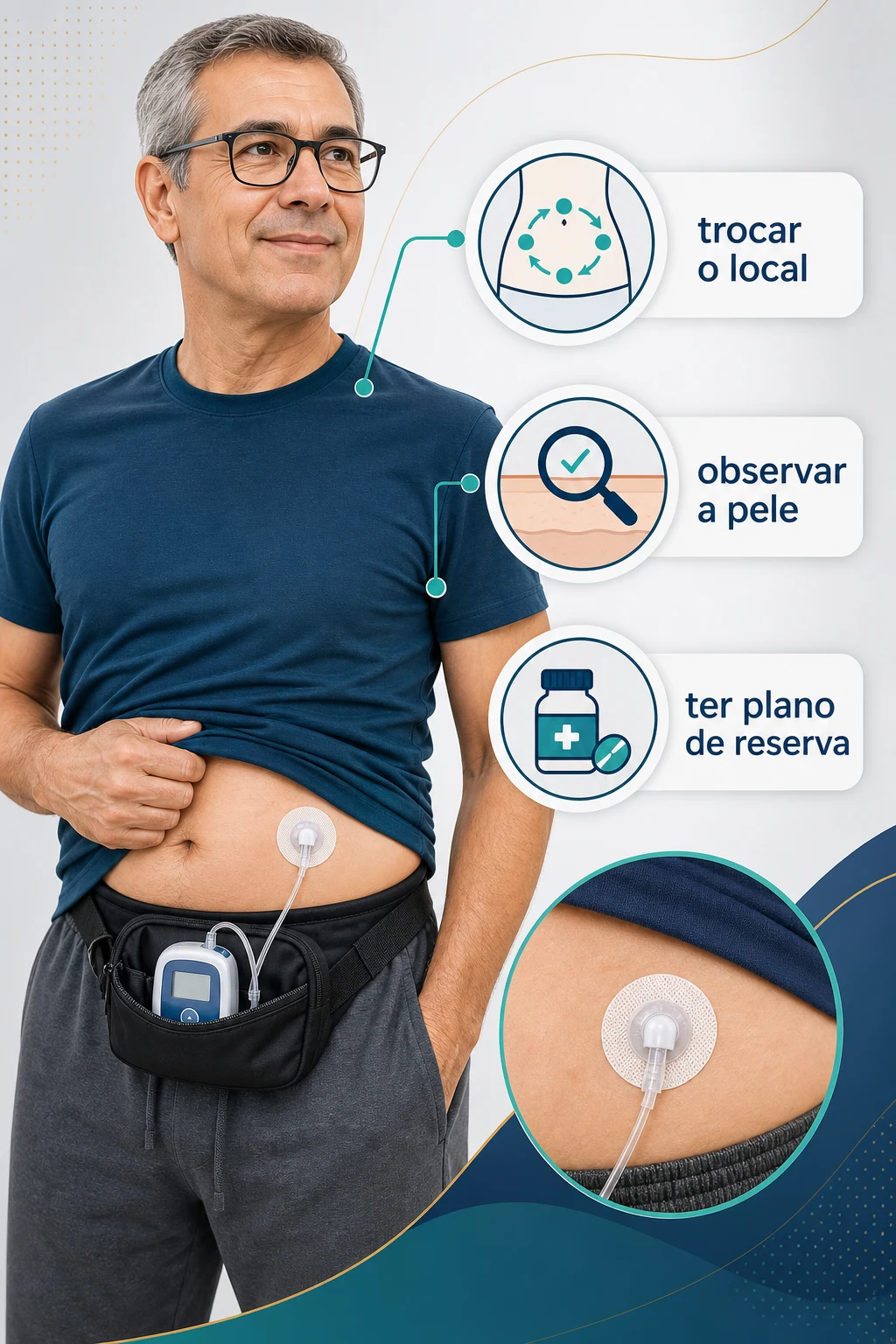 Infográfico mostrando uma bomba portátil, a cânula subcutânea e três cuidados práticos: trocar o local, observar a pele e ter plano de reserva