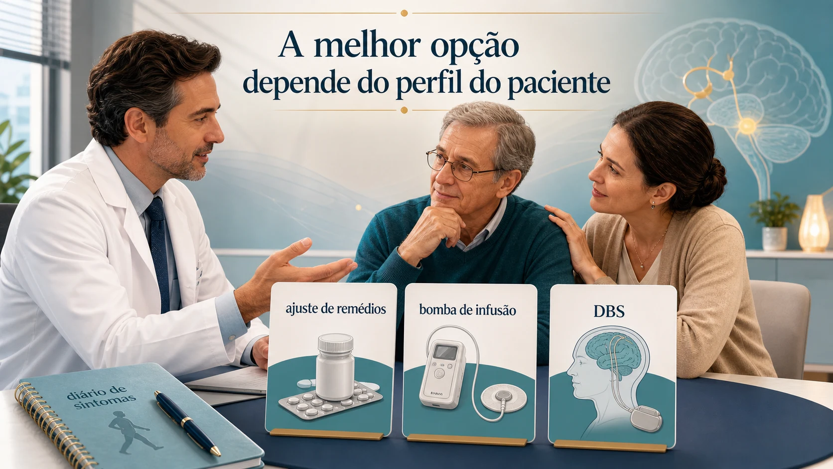 Infográfico sobre decisão compartilhada mostrando ajuste de remédios, bomba de infusão e DBS como opções que dependem do perfil do paciente