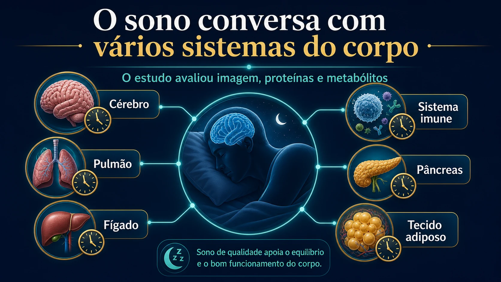 Ilustração médica mostrando cérebro, pulmão, fígado, sistema imune, pâncreas e tecido adiposo conectados ao sono